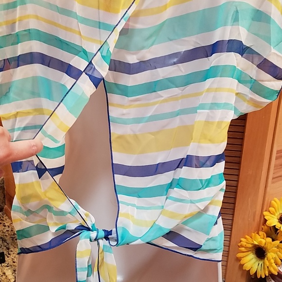 A'gaci | white, blue & teal green striped semi sheer top Large Nwt - Picture 5 of 7